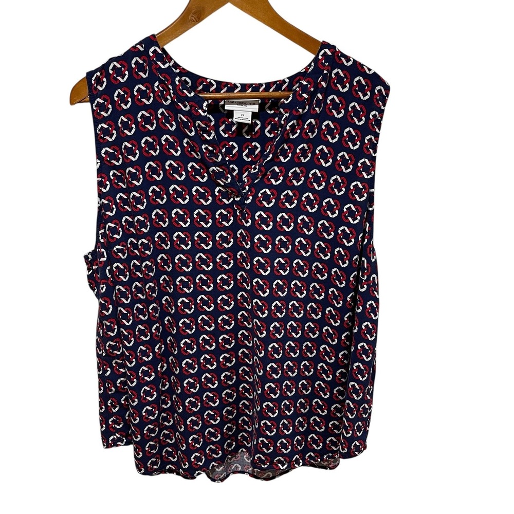 Liz Claiborne Shirt Womens 2X Navy Red Geometric Sleeveless Blouse Career